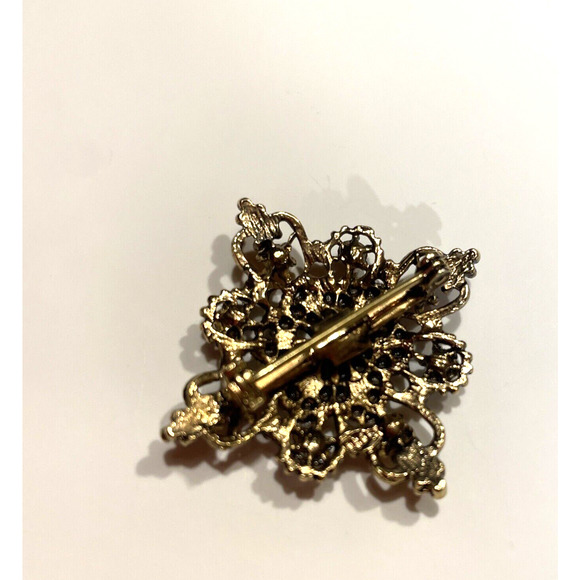 Vintage Art Deco Filigree Gold Tone And Opal Flower Brooch Pin - Picture 5 of 5